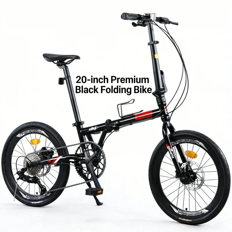 دراجة ريكسي قابلة للطي حصريًا باللون الأسود مقاس 20 بوصة و9 سرعات للبالغين من الرجال والنساء خفيفة الوزن ومحمولة مع فرامل قرصية مزدوجة