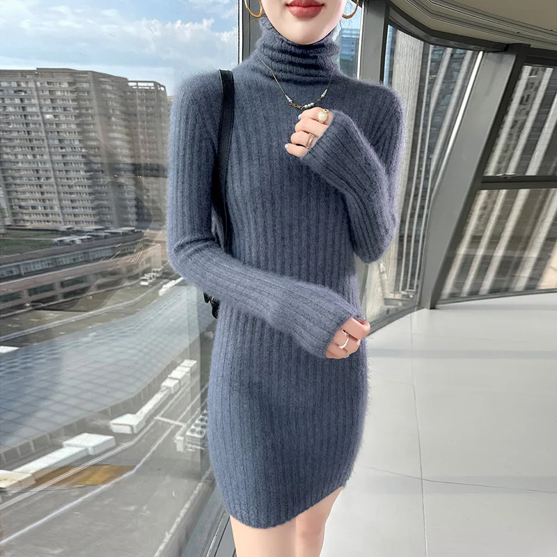 

100% Pure Mink Cashmere knitted Dress Women's High-Neck Slim Medium-length Skirts Fashion Sprout Joker High Waist Hip Skirt 2025