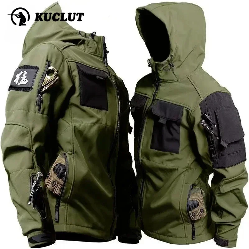 Men Winter Hooded Plush Thick Tactical Jacket Soft Shell Windproof Waterproof Windbreaker Outdoor Multi Pocket Wool Coat