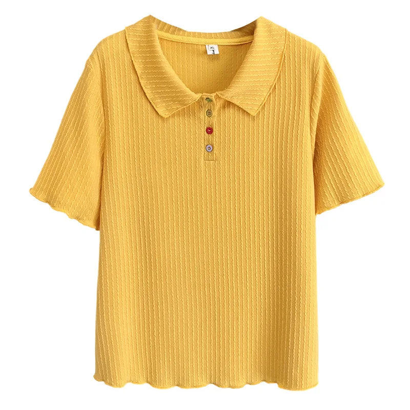 

100KG Summer Plus Size Women's Top Casual Retro POLO Collar With Color Buckle Texture Short Sleeve T-shirt 2518