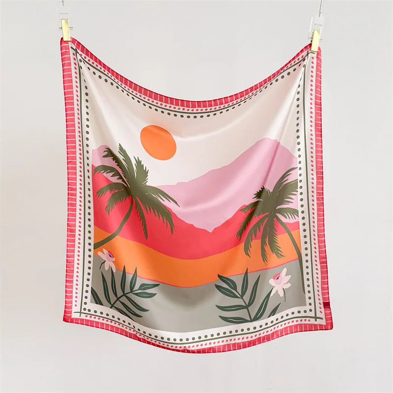 Countryside literary-style printed imitation silk square scarf, silk scarf, shawl, sun protection headscarf, beach towel, necker