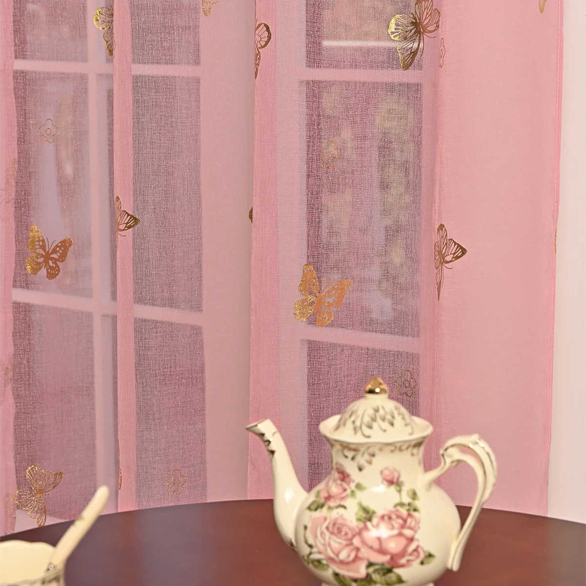 Curtain Pink Butterfly Sheer Window Curtains for Girl Bedroom Soft Grommet Top Drape Living Room Decor