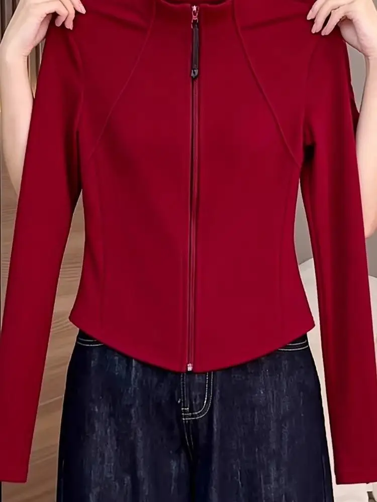 Red Zipper Long Sleeve Stand Collar Slim Fit Women's Top Inner Wear Base Shirt 2026 Spring Short Outerwear Commute Style