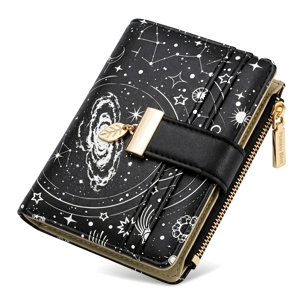 Pomelo Best Star Galaxy Print Women Short Wallet PU Leather Bifold Purse 7 Card Slots ID Window Zipper Coin Pocket Female Wallet