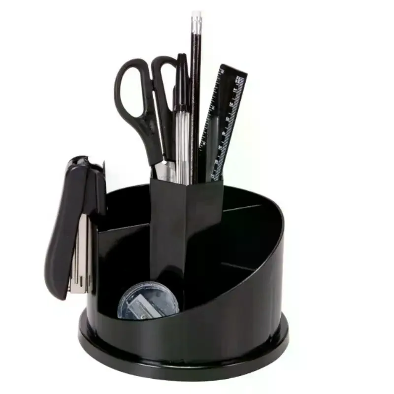Black Rotatable Pen Holder Pencil Container Desktop Storage Cosmetic Brush Organizer For Home Office Plastic Pen Pot Kids Adult