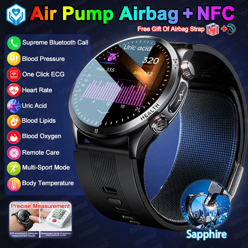 

New Upgrade Nursing Grade Air Bag Smart Watches For Man Blood Fat Uric Acid ECG Blood Pressure Broadcast NFC Health Smart Watch