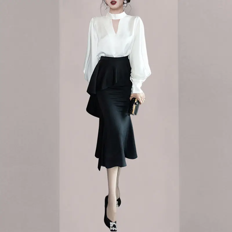 Korean Popular Personality Long-sleeved Chiffon Shirt Ruffled Skirt Two-piece Elegant Women Skirt Suit Office Manager Outfits