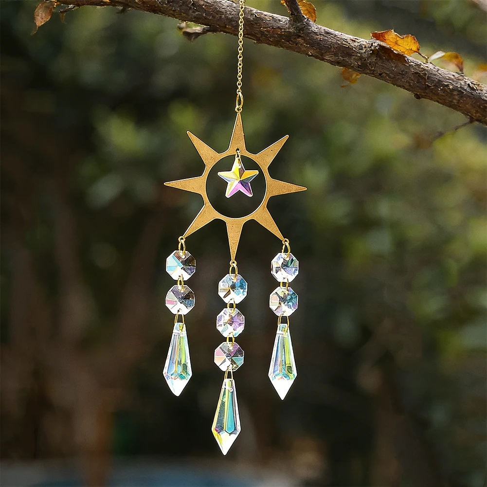 Hanging Suncatcher Brass Sun Star Light Shadow Crystal Wind Chimes Rainbow Maker Icicle Prisms Car Pendant Garden Window Decor