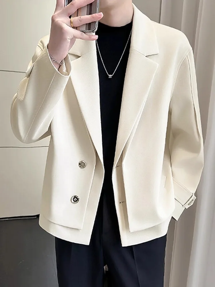 

Korean Sle Casual Men's Suit Jaet Fake Two-Piece Long Sve Stand Fit Polyester Fiber Westwear Faionable Casual