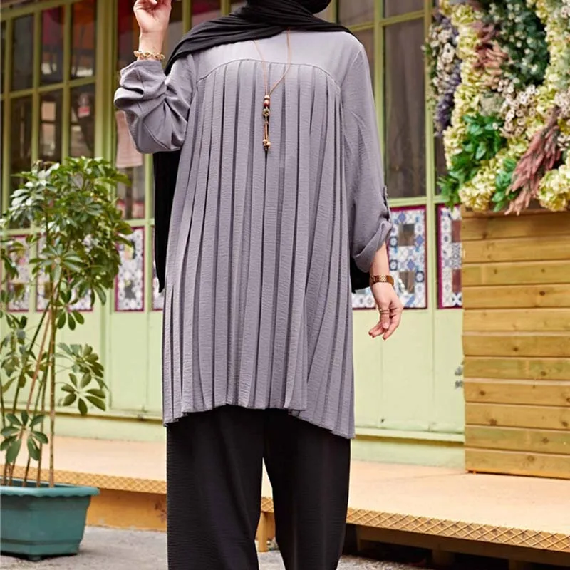 Muslim Women Islamic Tunic Pleated Long Sleeve Lady Long Shirts Abaya Dubai Vintage Blouse Spring Autumn Chemise Femme Musulmane