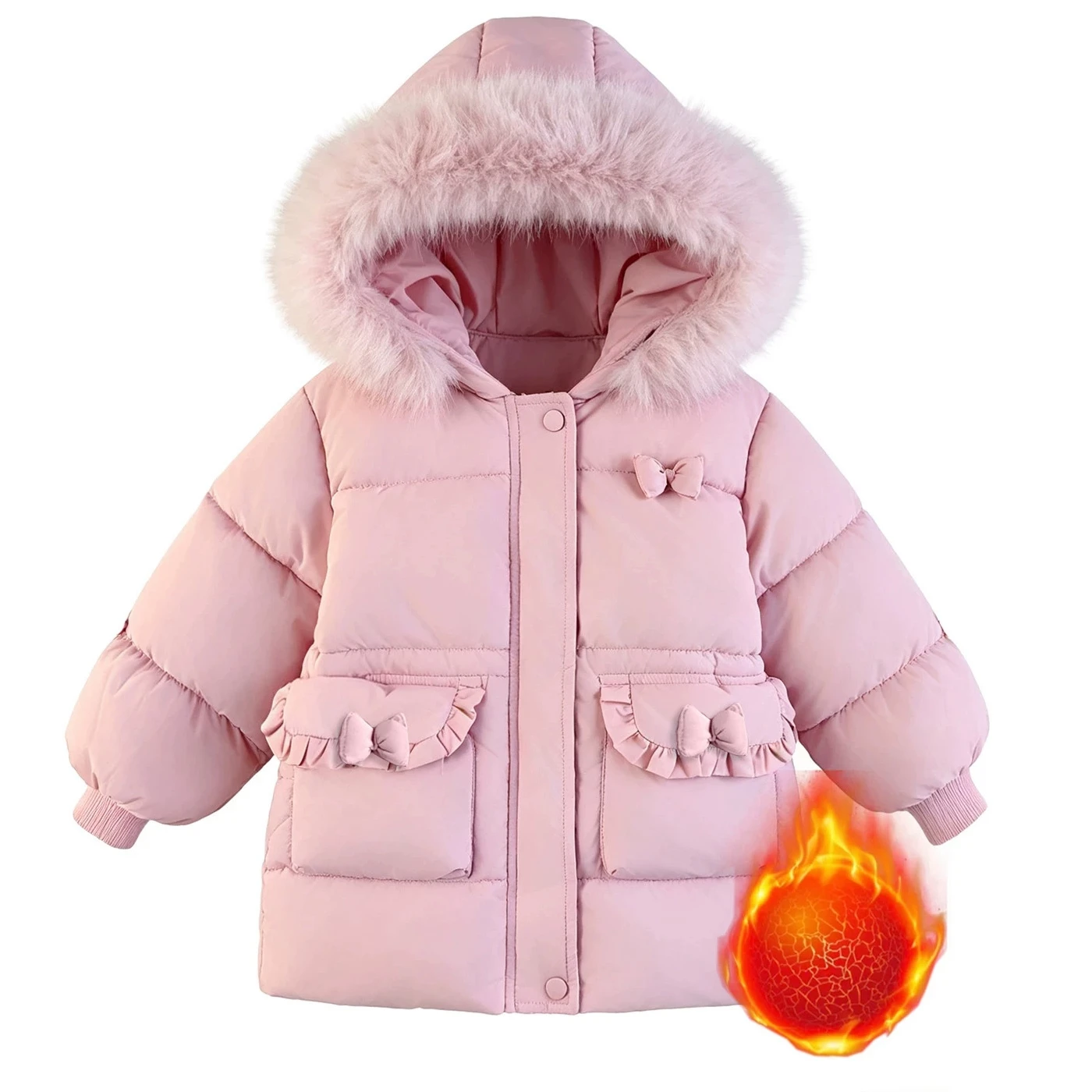 Little Girls Winter Fleece Lined Thick Puffer Jacket Faux Fur Hooded Padded Coat with Bow Pockets Kids Windproof Warm Outerwear