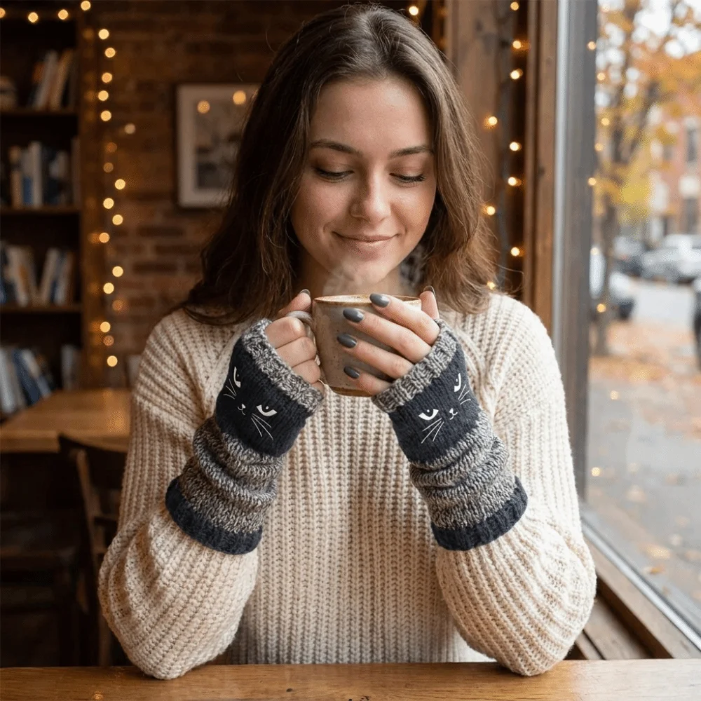 Fashion Thickened Knitted Fingerless Gloves Soft Color Block Half Finger Gloves Striped Windproof Cat Embroidery Gloves Autumn