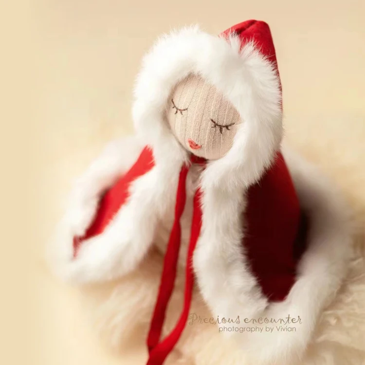 Newborn Photography Props Christmas Red Handmade Knitted Cape with White Furry Hat for Baby Studio Shooting Photoshoot Prop