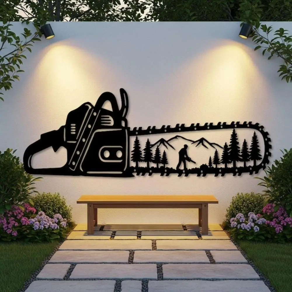 CIFBUY Lumberjack Chainsaw Iron Wall Art Metal Forest Logging Silhouette Decor Garage Cabin Workshop Hanging Ornament