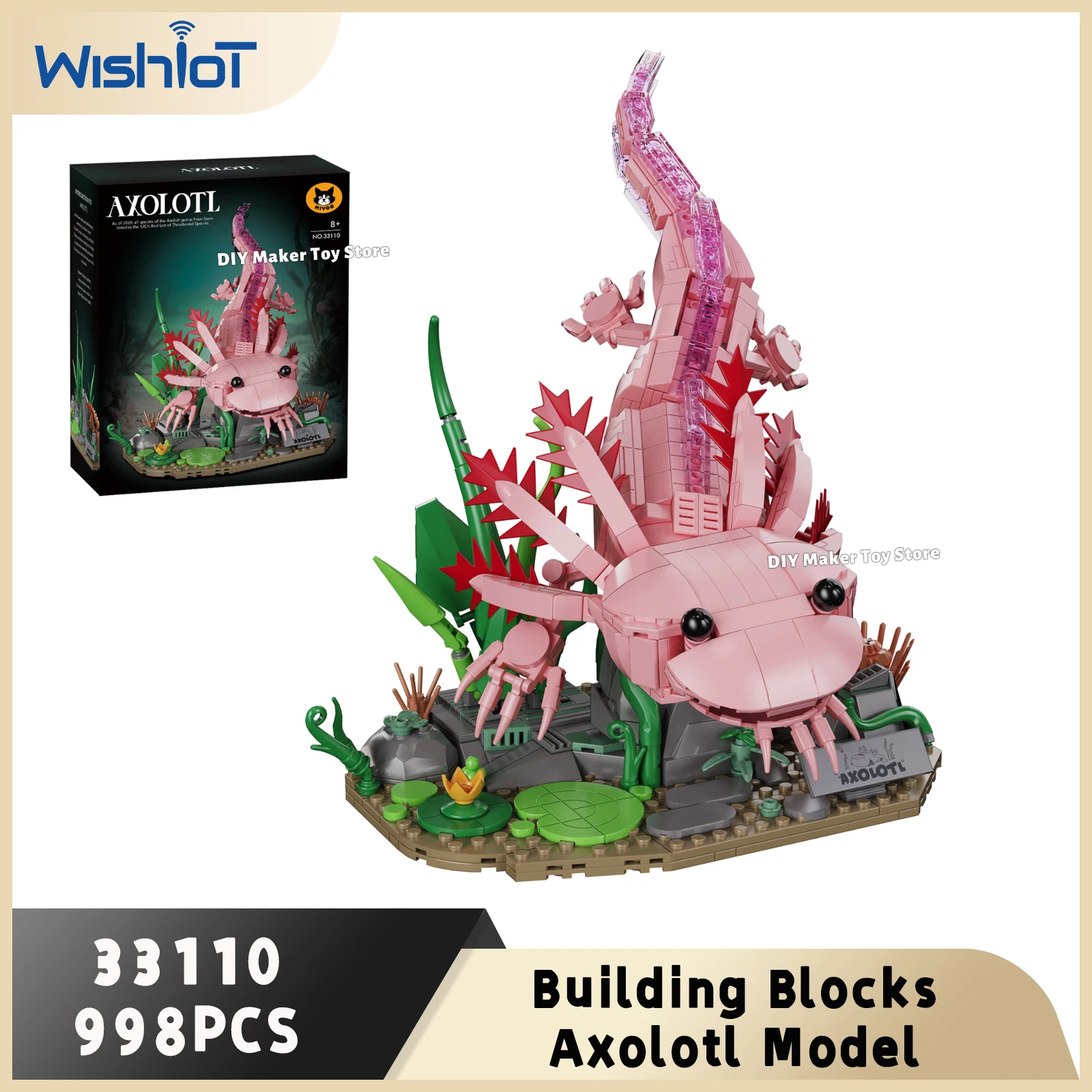 

998PCS Axolotl Dinosaur Fish Model Building Blocks Set Western Newt Simulated Animal Assembly Toys Boys Girls Desk Decor Gifts