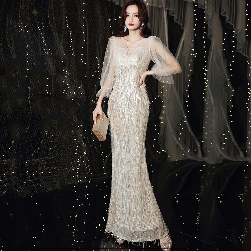 Ele Sexy Sequin 2024 New Long Evening Gown Golden Color Women's High-End Aosphere Lady Year Conference Par Dr