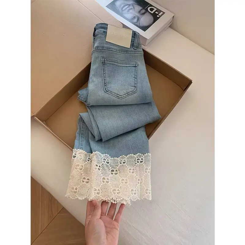 

Женские винтажные джинсы прямого кроя с кружевными вставками, летние, больших размеров, легкие, свободные, укороченные, с широкими штанинами, визуально стройнящие