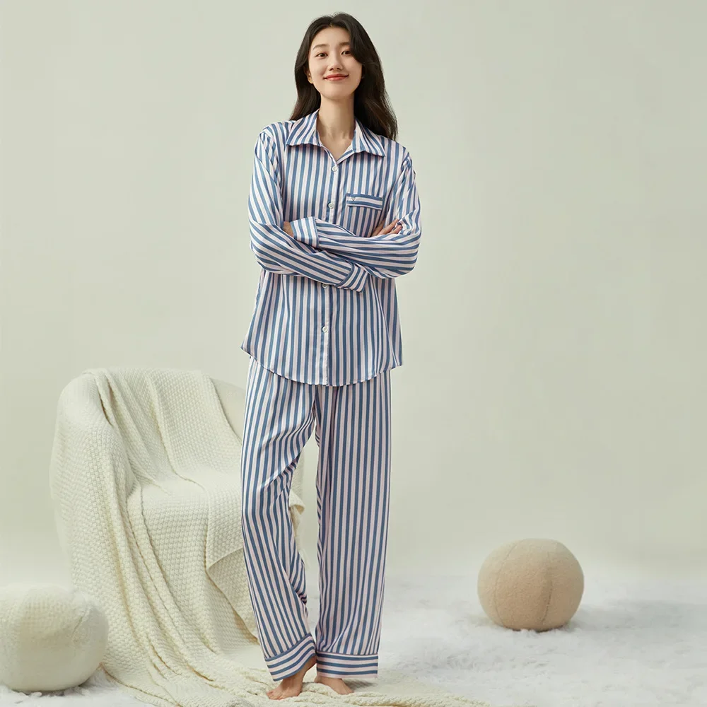 Secret Same Shirt Collar Striped Jacquard Pajamas Women\'s  Long Sleeve Pants Set Homewear Cover