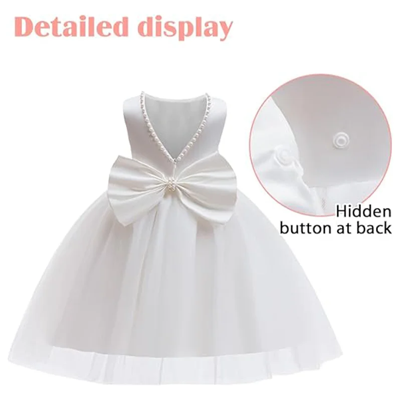 Girls Elegant White Communion Party Dress For Toddler Kids Wedding Birthday Graduation Sleeveless Beading Princess Tulle Dress