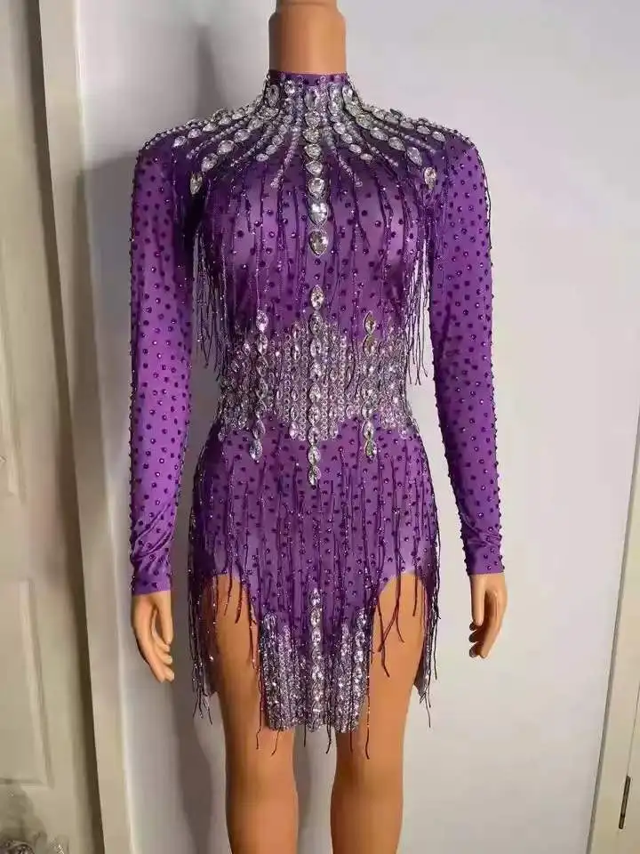 

Singer Dancer Costume Stage Wear Women Birthday Outfits for Women Sexy Club Party Sparkly Rhinestone Purple Fringes Short Dress