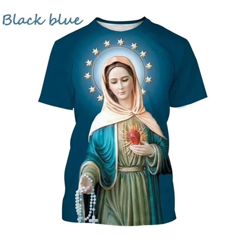 Virgin Mary T Shirt Goddess Of Mercy 3D Print T-Shirt Christian Blessed Jesus God Tee Shirts Women Clothing Unisex Short Sleeves