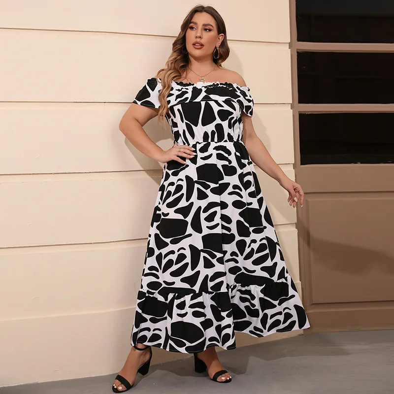 

Classic black and white with atmospheric ruffle leaf edge long dress female cow pattern printing simple one-word collar dress fa