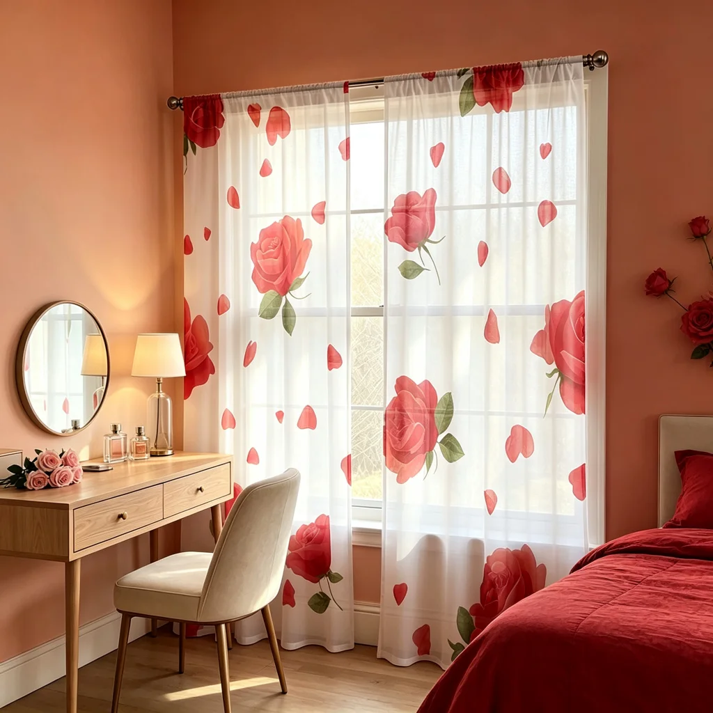 2PCS Rose Red Print AB Sheer Curtains, Rod Pocket, Polyester, Home Decor, Window Drapes, Bedroom Living Room, Kitchen, Bathroom