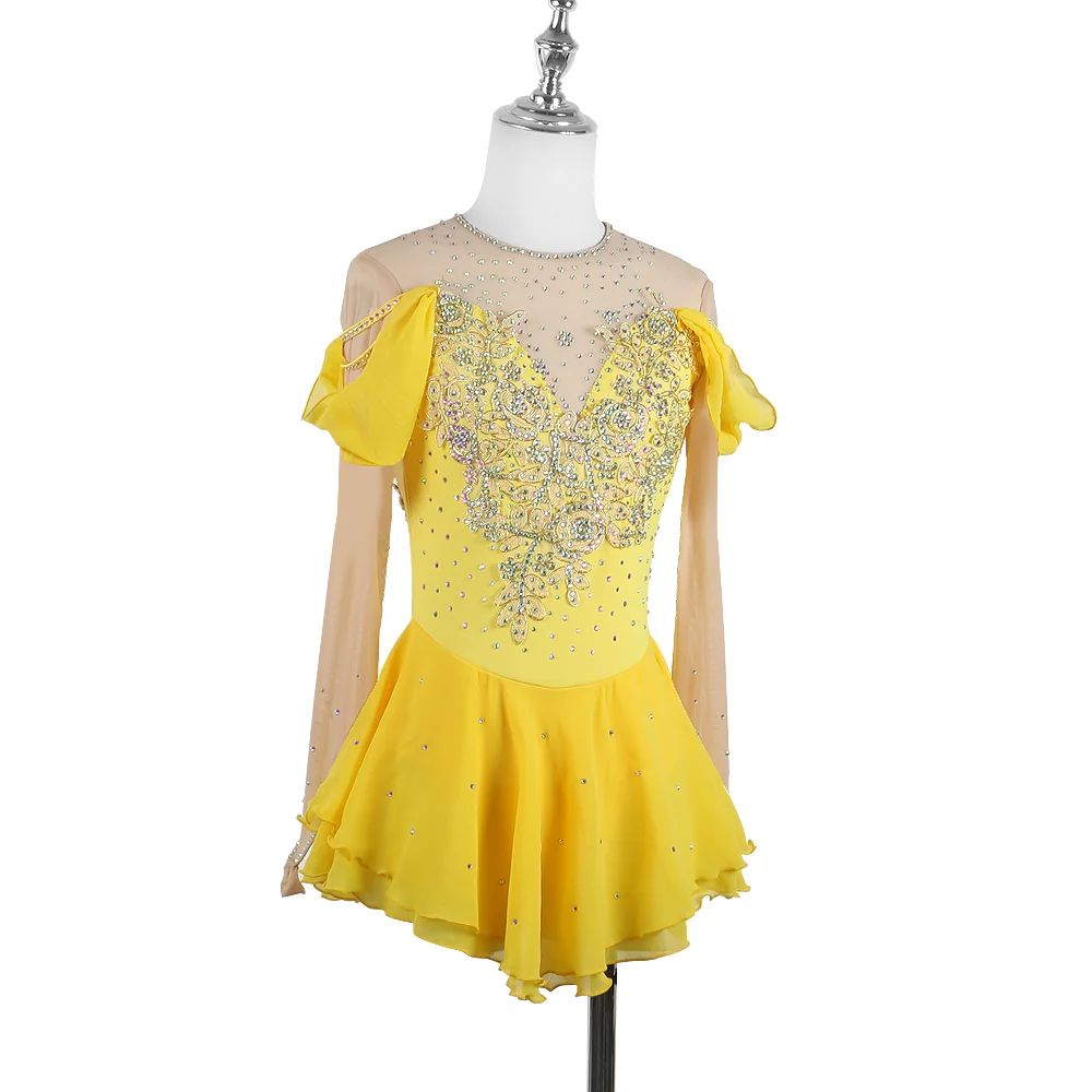 Zagitova Figure Skating Dress For Women Girls Ice Skating Skirt Performance Competition With Shiny Diamond Yellow