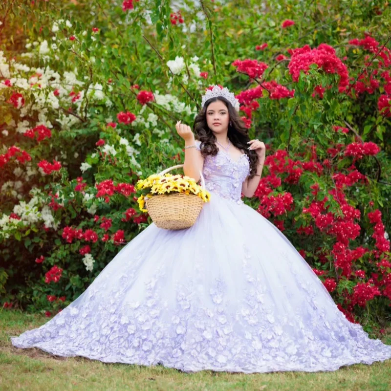 

Lavender Quinceanera Dresses Off the Shoulder Glitter Crystal Decal 3D Flower Long tail Vestidoe 15 Quinceanera Customize