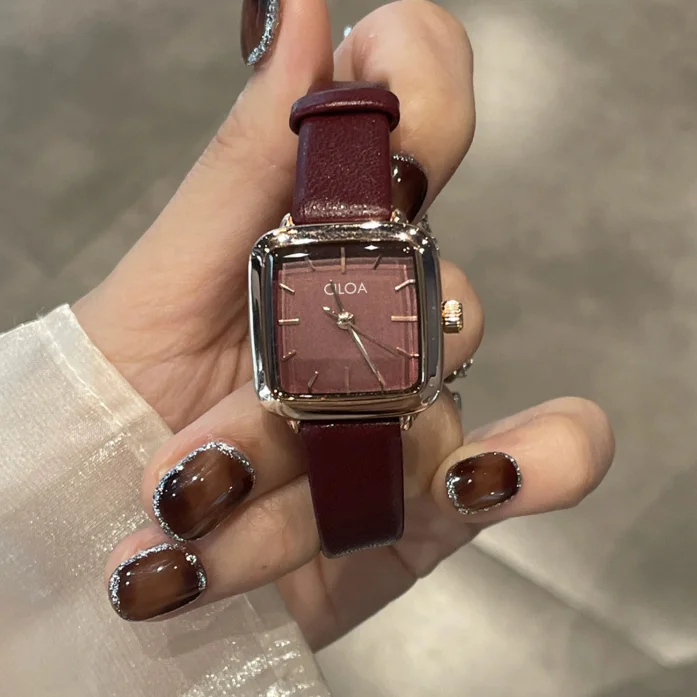 CILOA-Women's Square Quartz Watch Wine Red Leather Strap Wristwatch Burgundy Dial Elegant Ladies Dress Watch Gift-0911