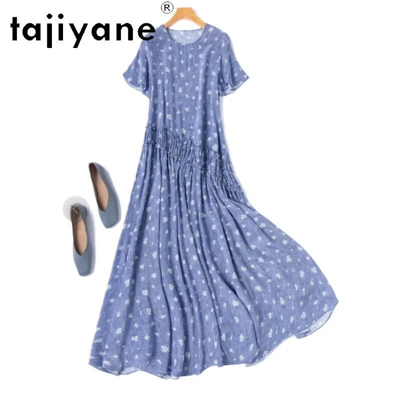 

TAJIYANE 100% Mulberry Silk Dress Woman Summer 2025 Denim Printed Long Dresses Party Blue Frocks Ladies Clothes платье женское