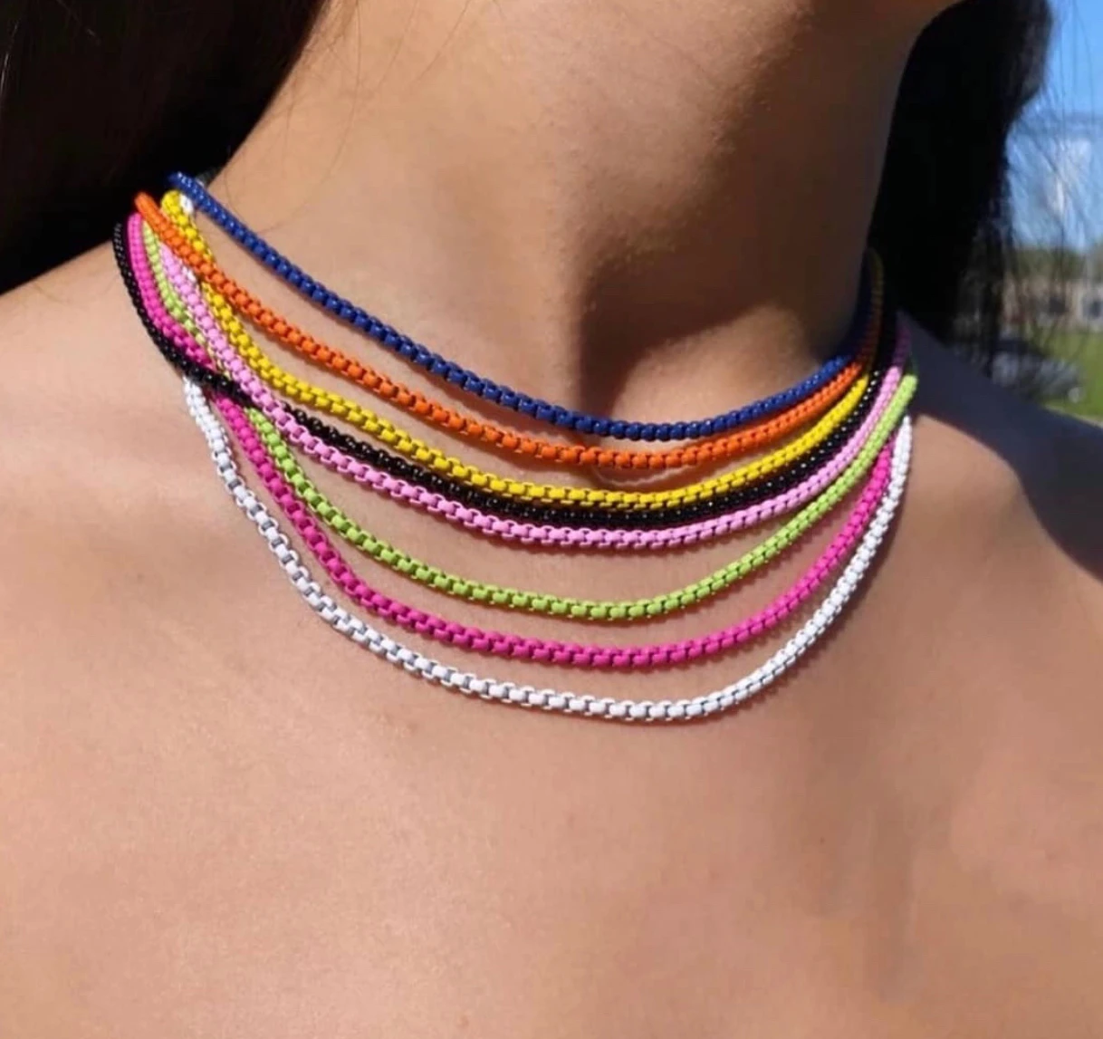 2023 Hot Statement Copper Enamel Boho Rainbow Color Box Chain Choker Necklace For Women Girl Collier femme Summer Bijoux