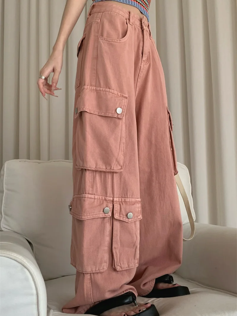 Female Summer Vintage Trend Clamshell Multiple Pockets Baggy Jeans Cargo Pants High Waist Look Thin Wide Leg Temperament Drape