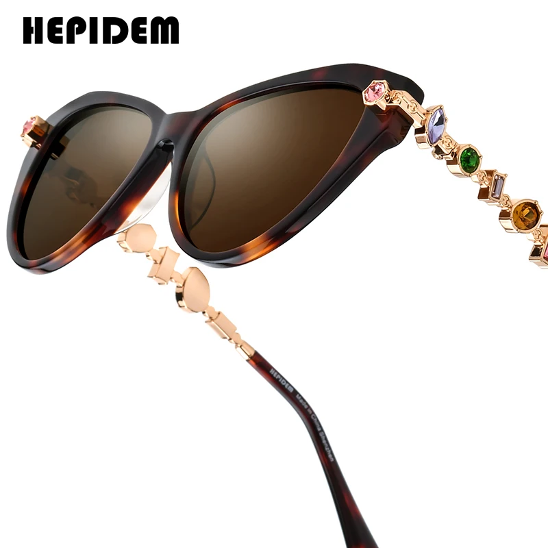 HEPIDEM Acetat-Metall-Diamanten Polarisierte Sonnenbrille für Damen, berühmte Marken-Designer-Brille, große Größe, Herren-Katzenaugen-Sonnenbrille 9400T