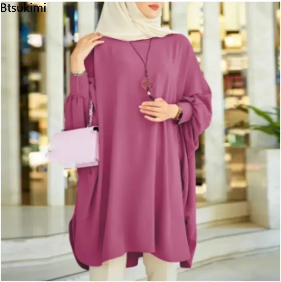2025 Women's Muslim Blouses Elegant Solid Loose Casual O-neck Lantern Sleeve Pullover Tunic Tops Ramadan Abayas Blusas Mujer New