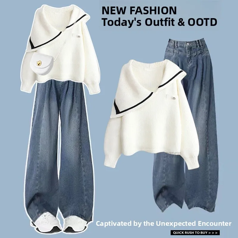 

Early Autumn Denim Set Salt System Light Maturity Style Small Size Fashionable Sweater Jeans Outfit High End Feeling Two Piec...