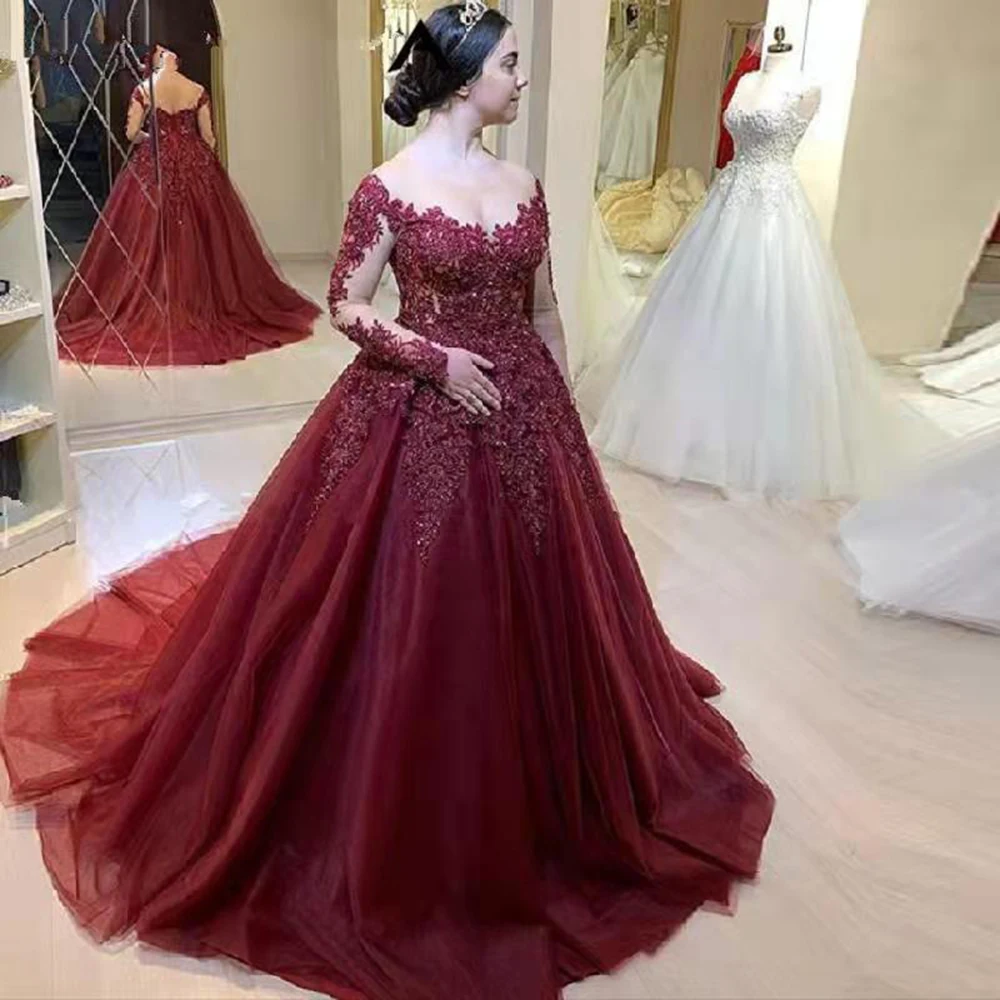 

GUXQD Burgundy Ball Gown Women Evening Dresses Long Sleeves Appliques Scoop Neck Prom Party Gowns Vestido De Noche Abendkleider