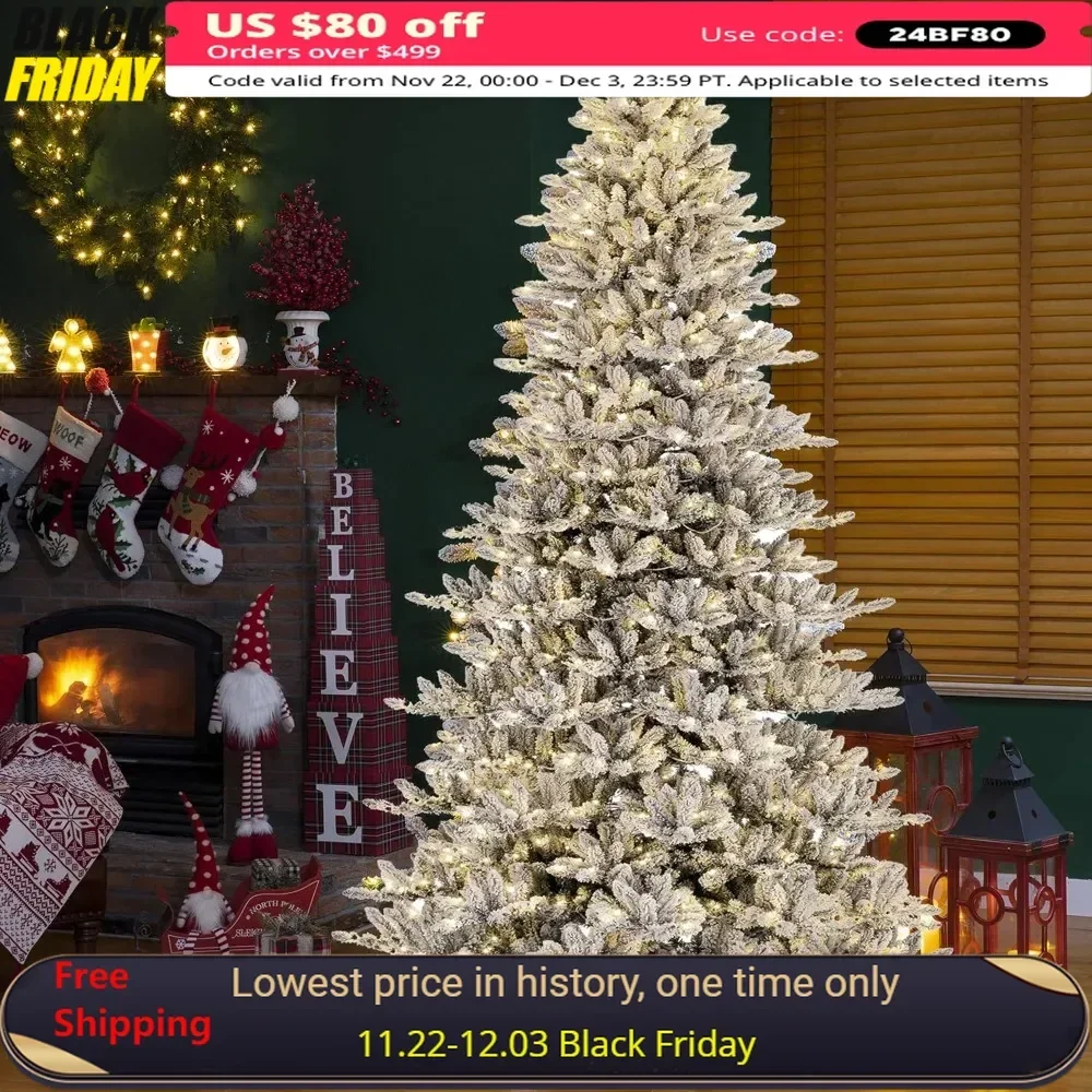 11ft Christmas Tree with Metal Stand, 950 Warm White Lights, Covered Some Glitter, Pre-lit Artificial Fir Christmas Tree