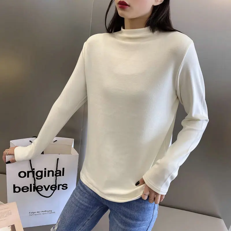 Women's Double-Sided Australian Fleece Long Sleeve Fleece-Lined Half-High Collar Elastic Soft T-Shirt Casual Versatile Top