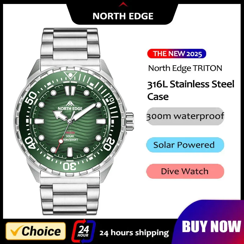 2026 New NORTH EDGE TRITON Solar Powered Dive Watch for Men Luxury Quartz Wristwatch 316L Stainless Steel Case 300M Waterproof