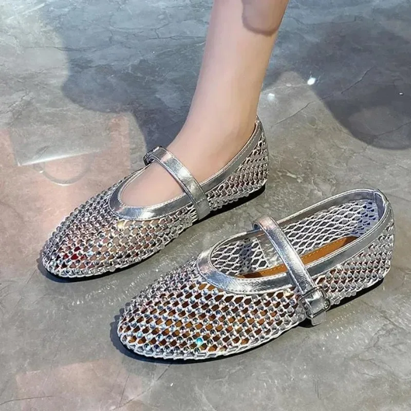 

Luxury Crystal Rhinestone Fishnet Ballet Flats Woman Brand Design Rivet Mesh Mary Jane Shoes Ladies Summer Loafers Plus Size 42