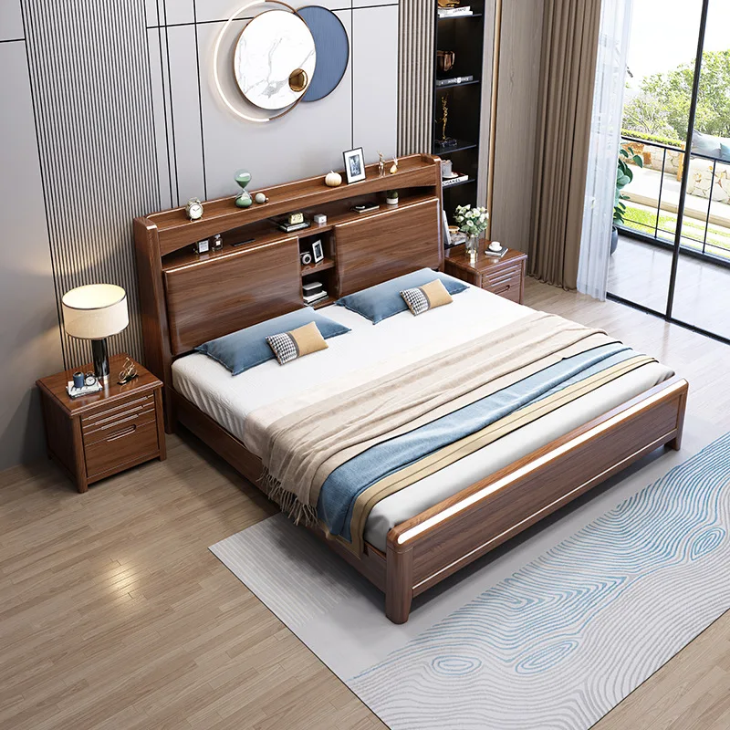 2solid wood bed, 1.8m and 1.5m double bed, economy gold wire sandalwood furniture, master bedroom, storage, wedding bed