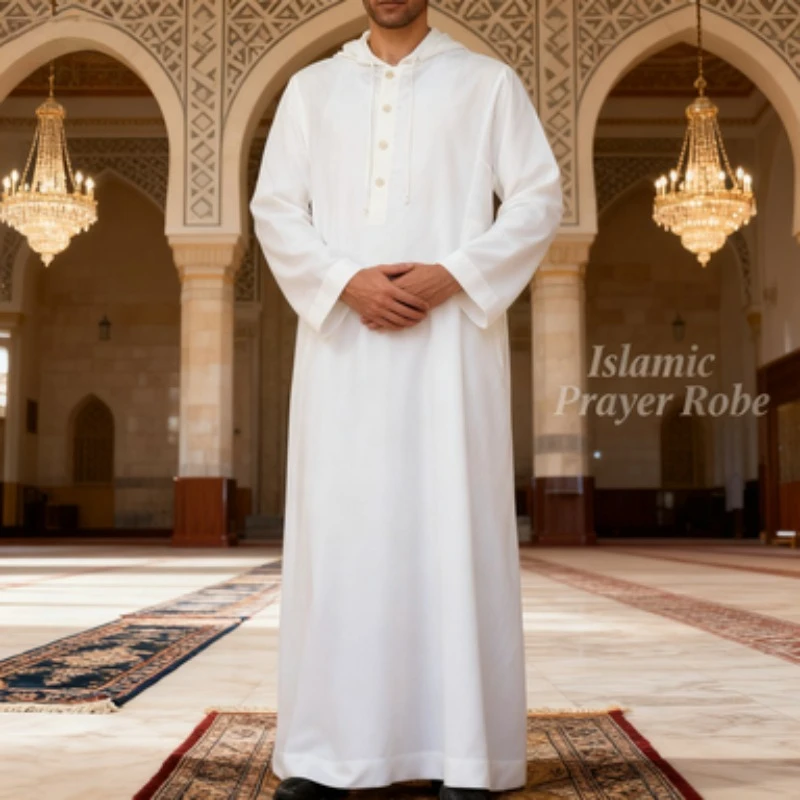رداء إسلامي للرجال على الطراز العربي قميص طويل بقلنسوة بسيط في الشرق الأوسط الزي التقليدي