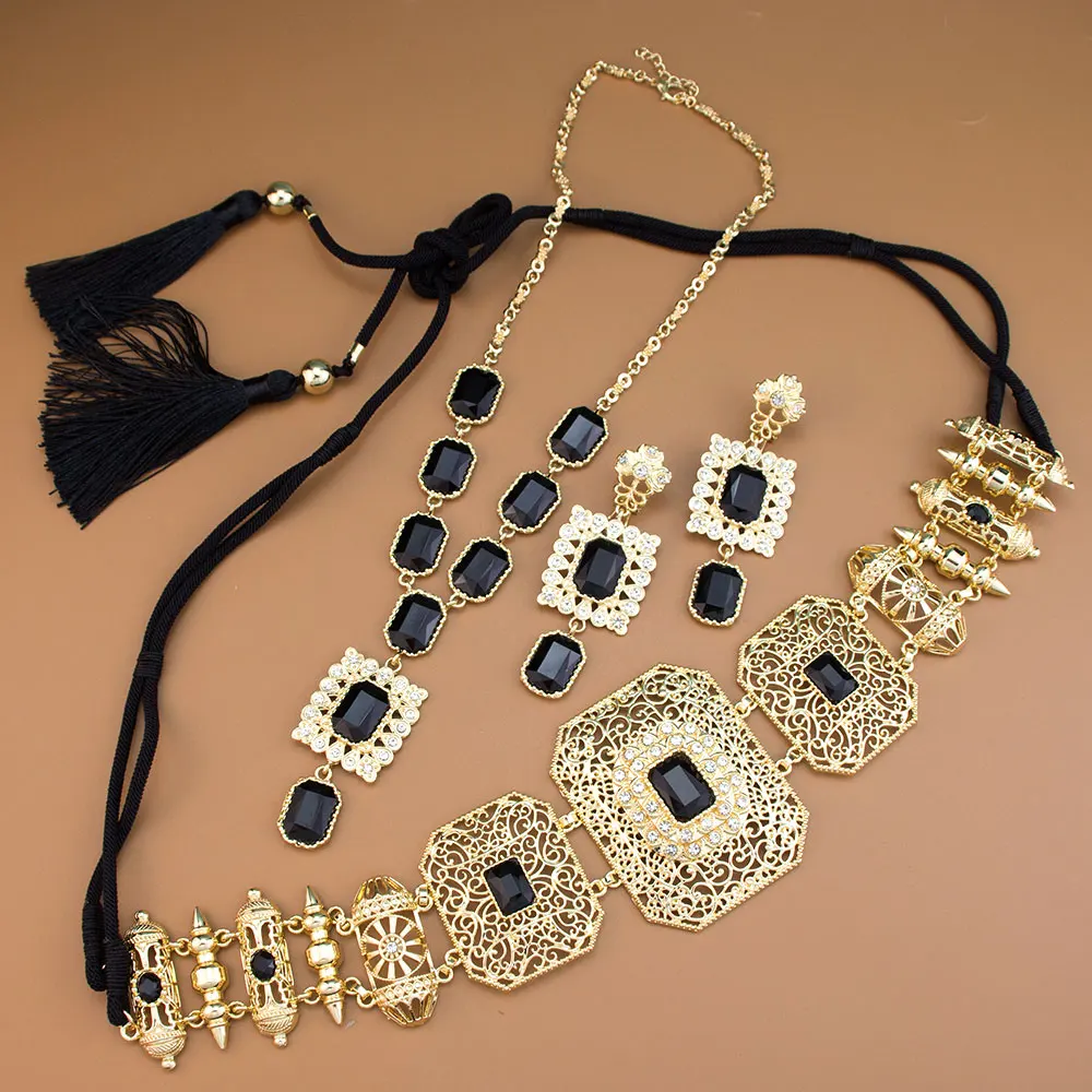 

Sunspicems Gold Color Morocco Caftan Belt Black Crystal Waist Chain Women Choker Necklace Drop Earring Arabic Bridal Jewelry Set