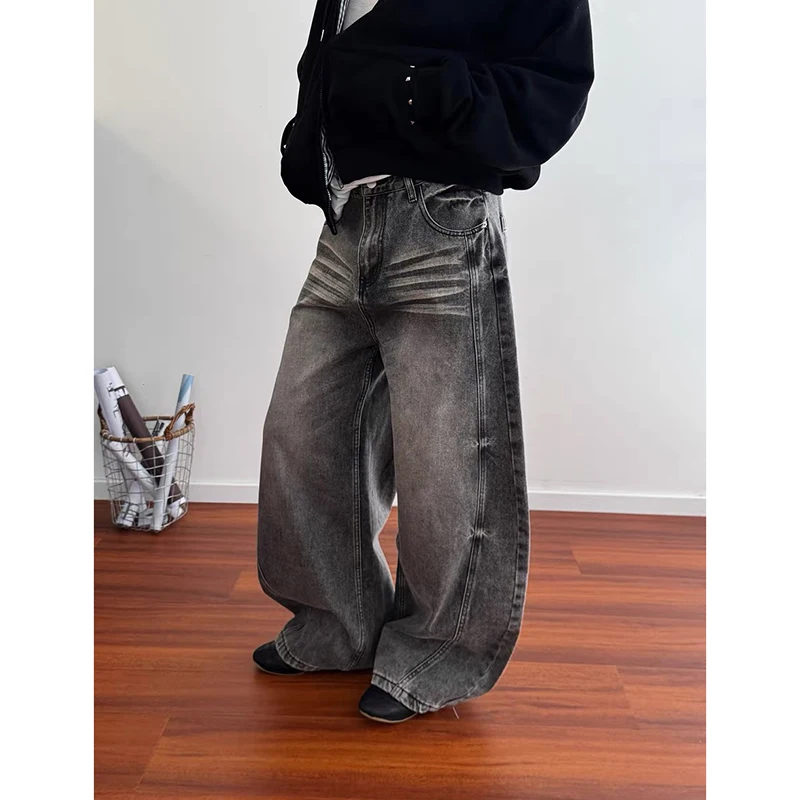 

ZHIZOU 2025 Autumn Winter Women's Gray Denim Pants Y2K Baggy Jean American Cowboy Harajuku Vintage Jeans Stacked Wide Leg Jeans