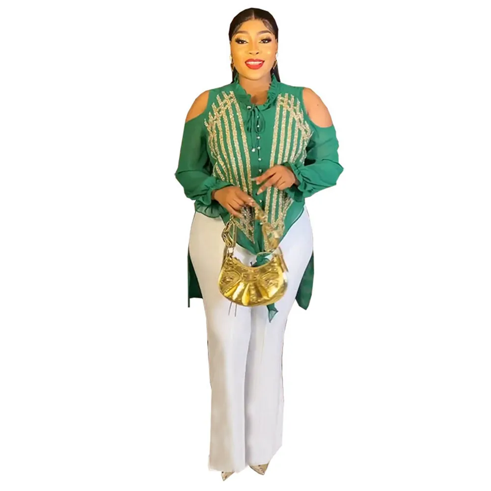 

Africa's New Beaded Shirt Top with A Slim-fit Trouser Suit 2733-1