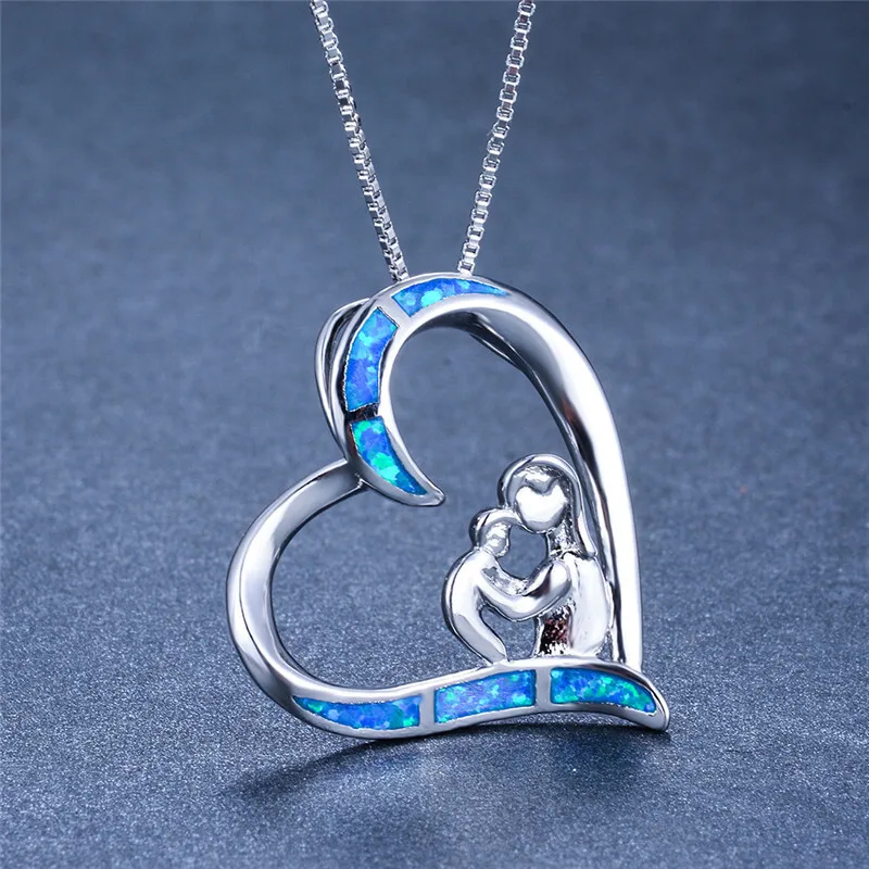 Selfless Mom Love Baby Heart Pendant Blue Simulated Opal Necklace Jewelry Gift