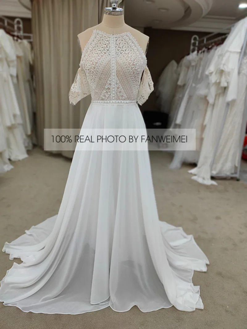 100% foto reali 2020 nuovo Design staccabile manica corta collo alto A-Line Chiffon abiti da sposa estivi all'ingrosso