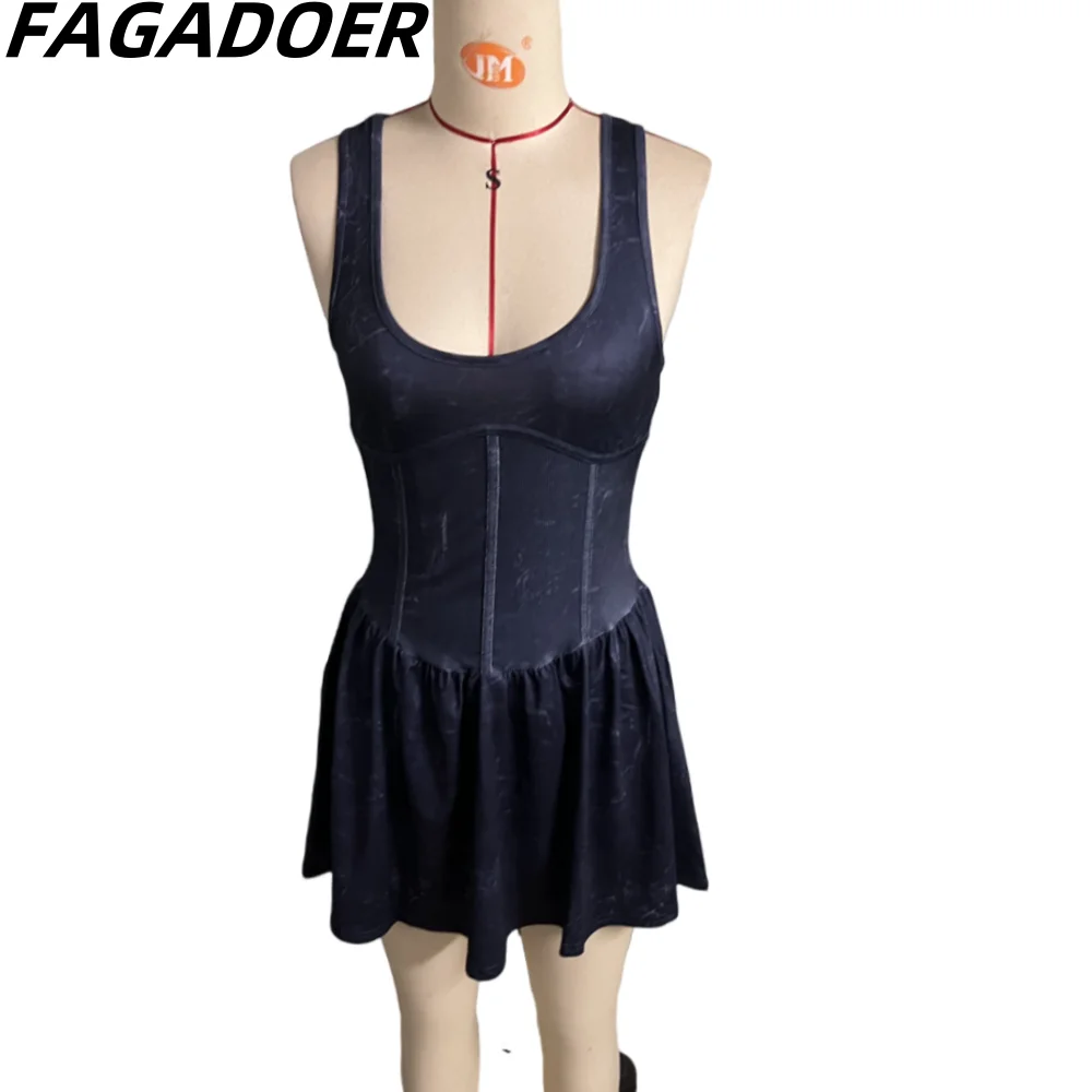 FAGADOER Fashion Distress Solid Color Splicing Pleated Dresses Women Low-cut Sleeveless Slim Vestidos Summer New Puff Mini Dress