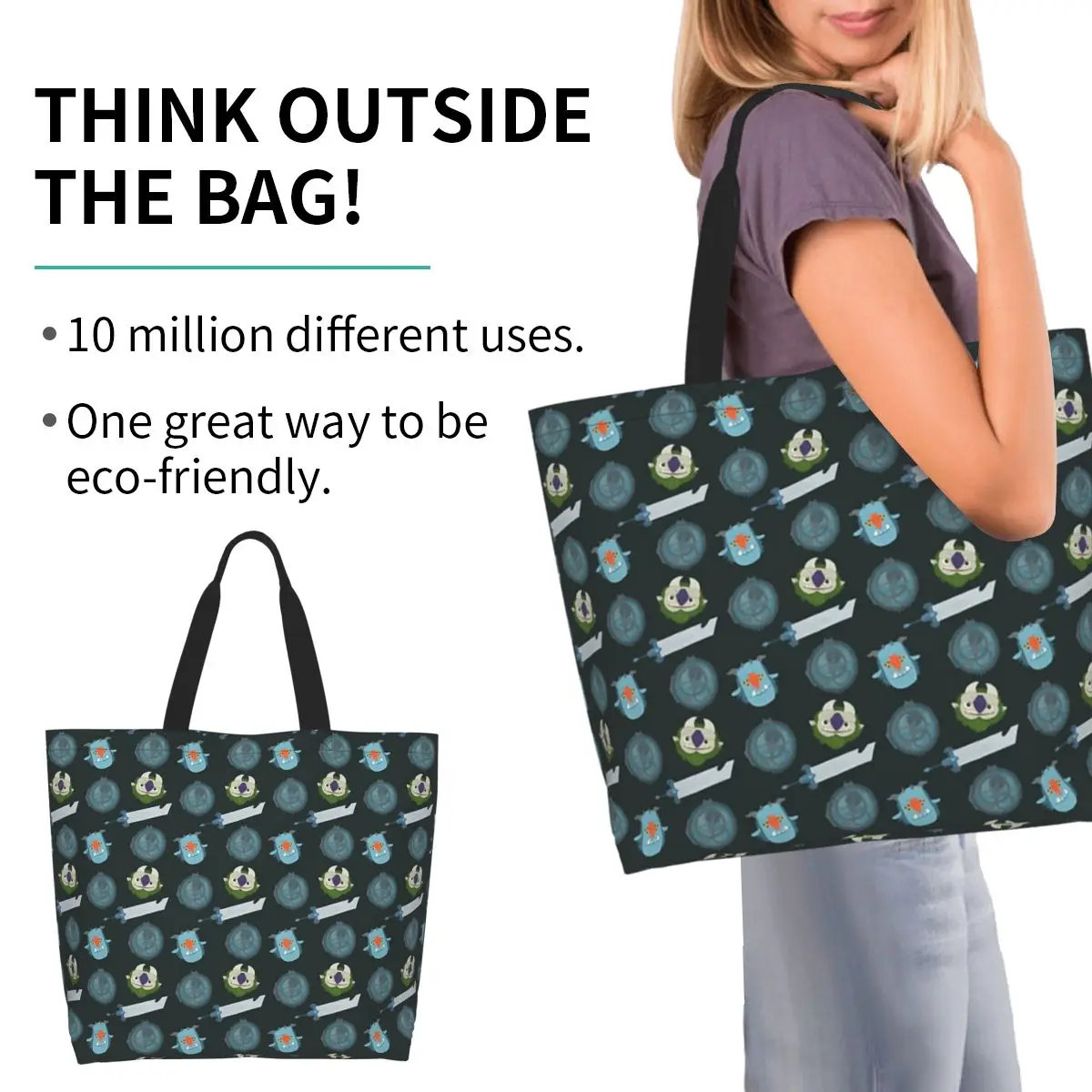 Trollhunters Repeating Pattern Shopping Tote Bag Canvas Large Capacity Shoulder Bags Shopper Grocery Handbag for Women